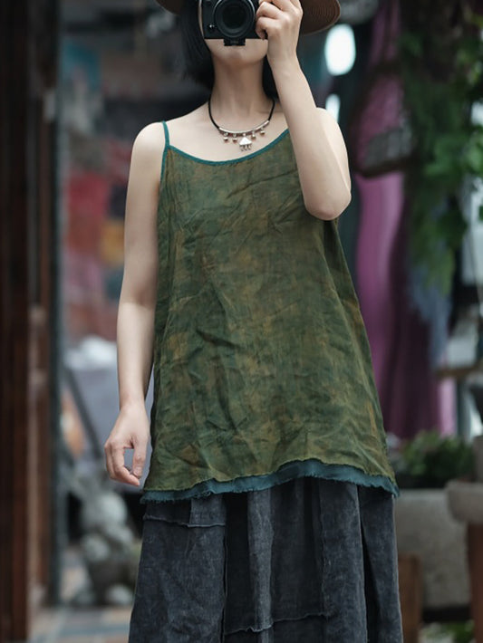 Plus Size Women Summer Vintage Tie-dye Spliced Ramie Vest LL055 BUYKUD
