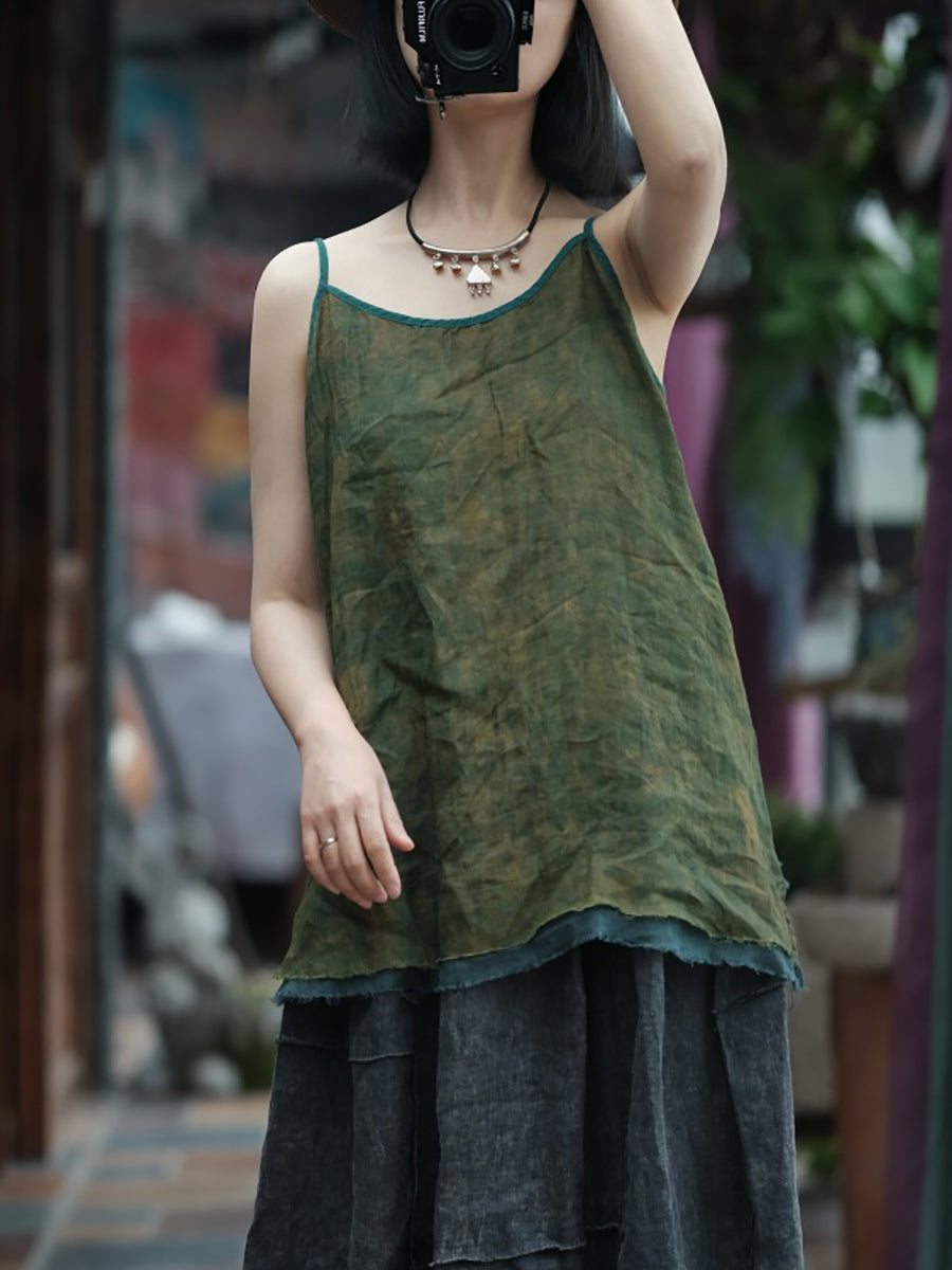 Plus Size Women Summer Vintage Tie-dye Spliced Ramie Vest LL055 BUYKUD