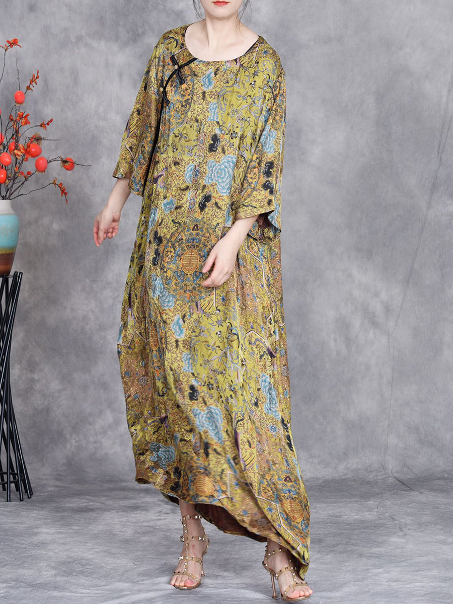 Women Artsy Summer Flower Buckle Loose Dress OP1001 BUYKUD