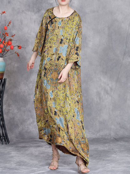 Women Artsy Summer Flower Buckle Loose Dress OP1001 BUYKUD