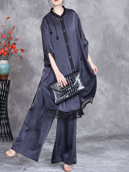 Women Summer Artsy Spliced Loose Button-up Shirt+Pants OP1005 ZSLS