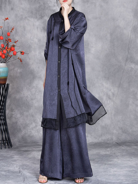 Women Summer Artsy Spliced Loose Button-up Shirt+Pants OP1005 ZSLS