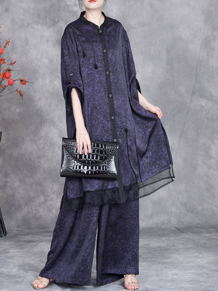 Women Summer Artsy Spliced Loose Button-up Shirt+Pants OP1005 ZSLS