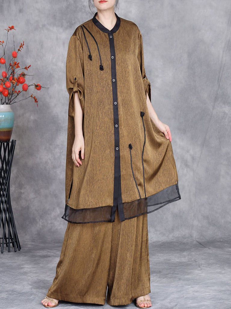 Women Summer Artsy Spliced Loose Button-up Shirt+Pants OP1005 ZSLS