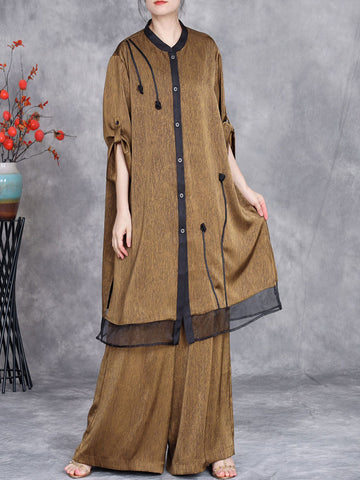 Women Summer Artsy Spliced Loose Button-up Shirt+Pants OP1005 ZSLS