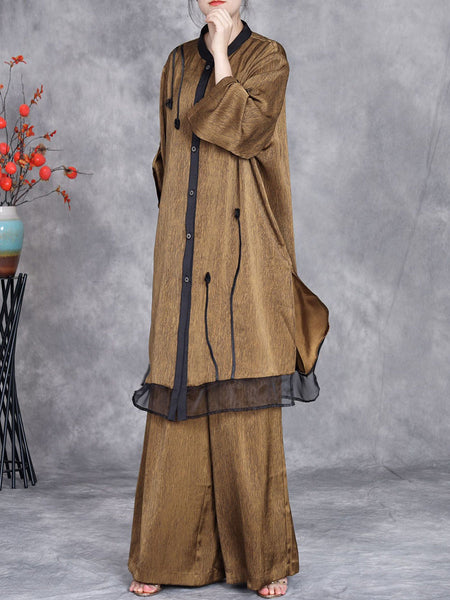 Women Summer Artsy Spliced Loose Button-up Shirt+Pants OP1005 ZSLS