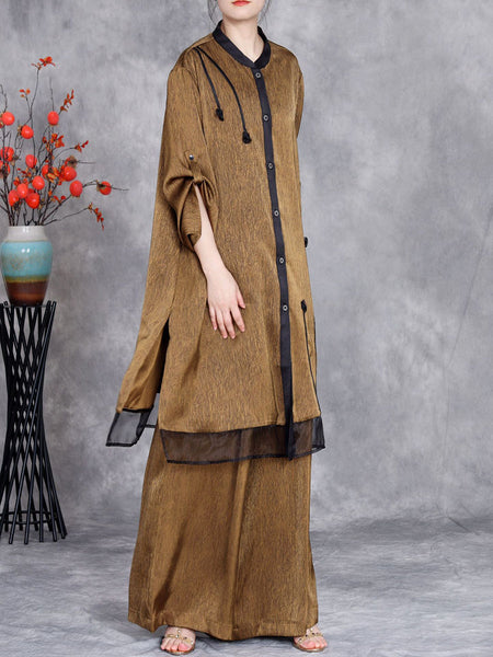 Women Summer Artsy Spliced Loose Button-up Shirt+Pants OP1005 ZSLS