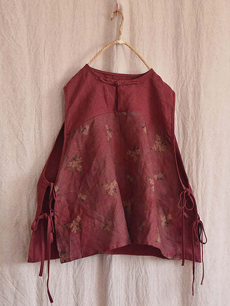 Women Summer Ethnic Floral Strap Linen Vest OP1003 QYMM