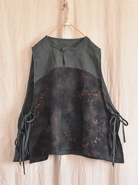 Women Summer Ethnic Floral Strap Linen Vest OP1003 QYMM
