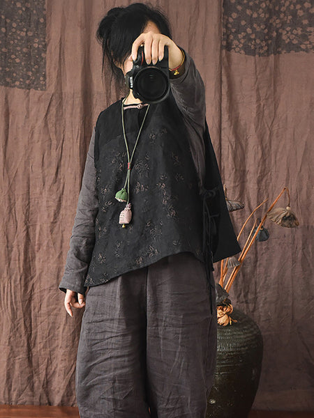 Women Summer Ethnic Floral Strap Linen Vest OP1003 QYMM