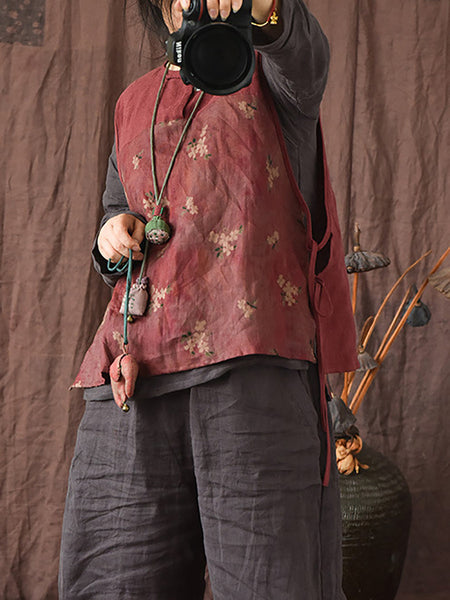 Women Summer Ethnic Floral Strap Linen Vest OP1003 QYMM