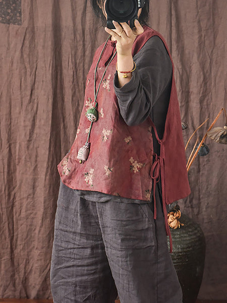Women Summer Ethnic Floral Strap Linen Vest OP1003 QYMM