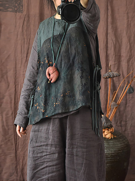 Women Summer Ethnic Floral Strap Linen Vest OP1003 QYMM