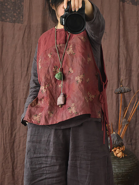 Women Summer Ethnic Floral Strap Linen Vest OP1003 QYMM