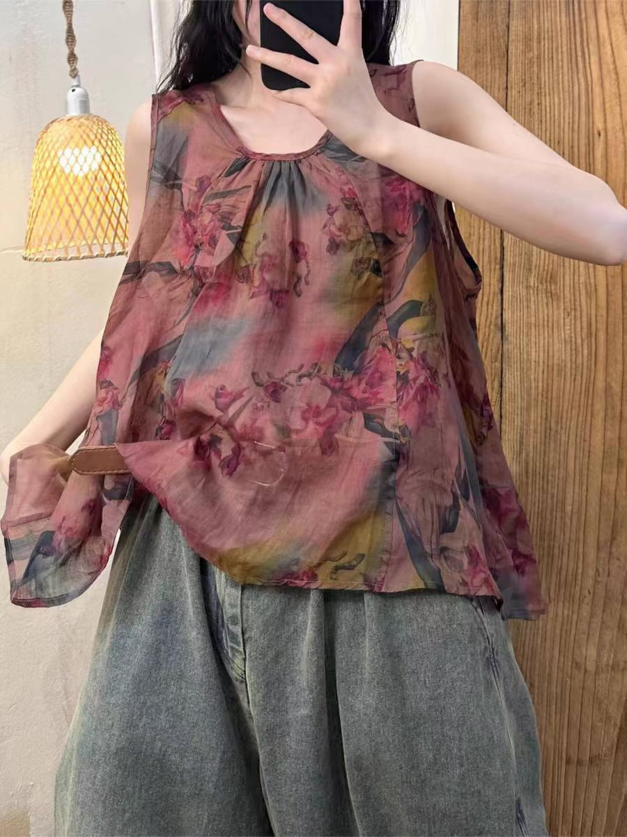 Women Summer Artsy Flower Button Loose Ramie Vest OP1004 GLL