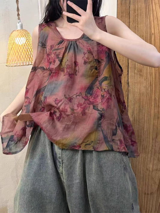 Women Summer Artsy Flower Button Loose Ramie Vest OP1004 GLL