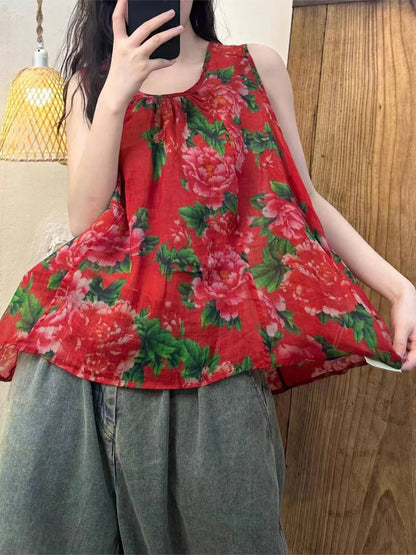 Women Summer Artsy Flower Button Loose Ramie Vest OP1004 GLL