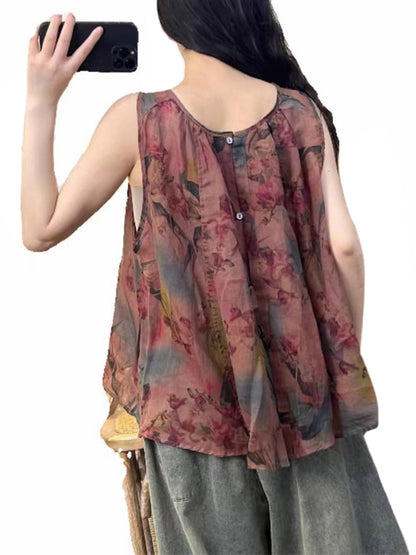 Women Summer Artsy Flower Button Loose Ramie Vest OP1004 GLL