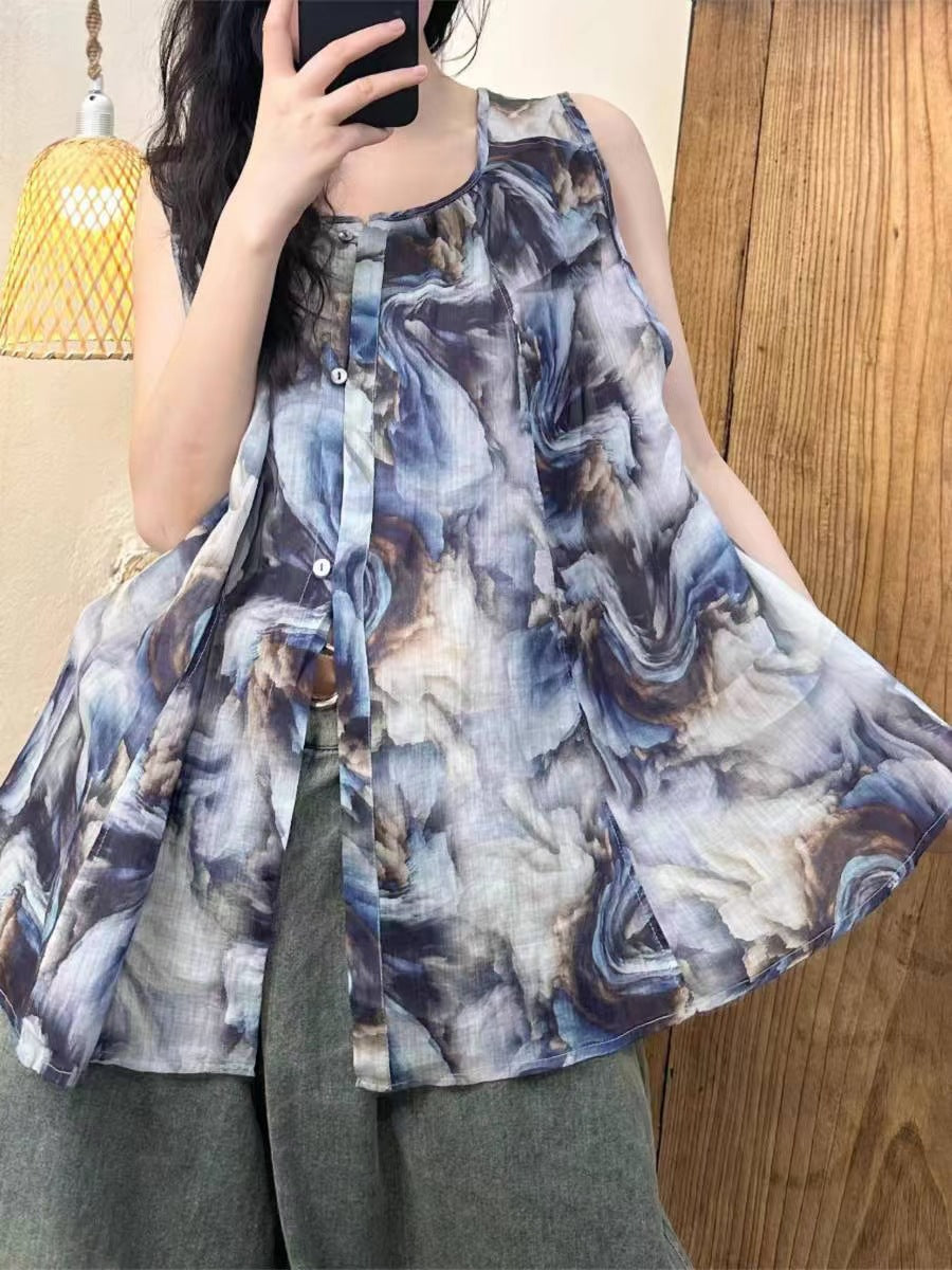 Women Summer Artsy Flower Button Loose Ramie Vest OP1004 GLL