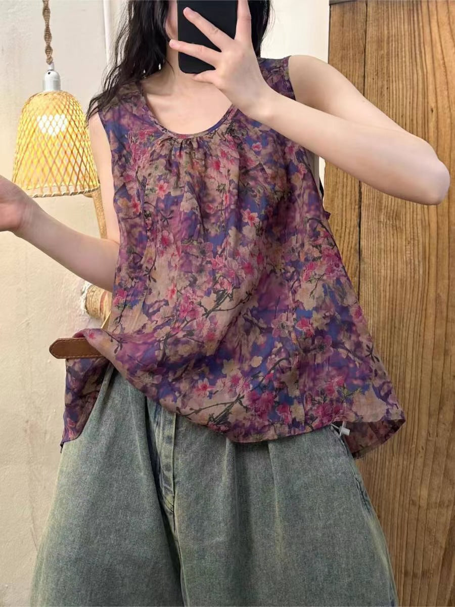 Women Summer Artsy Flower Button Loose Ramie Vest OP1004 GLL