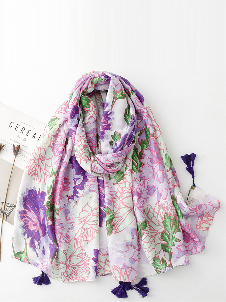 Women Artsy Flower Purple Tassel Shawl Scarf OP1029 BUYKUD