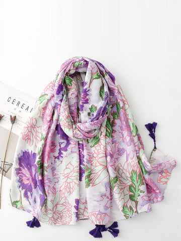 Women Artsy Flower Purple Tassel Shawl Scarf OP1029 BUYKUD