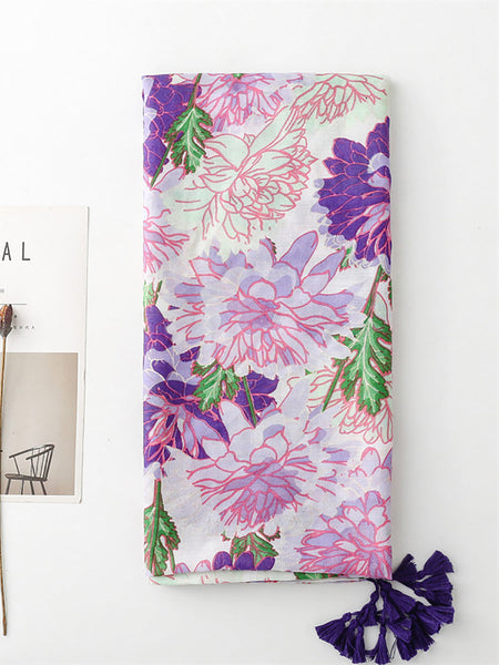 Women Artsy Flower Purple Tassel Shawl Scarf OP1029 BUYKUD