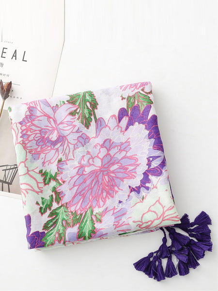 Women Artsy Flower Purple Tassel Shawl Scarf OP1029 BUYKUD