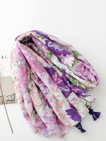 Women Artsy Flower Purple Tassel Shawl Scarf OP1029 BUYKUD