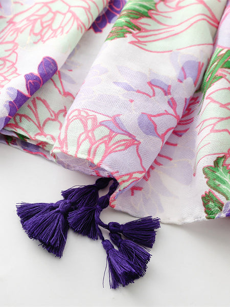 Women Artsy Flower Purple Tassel Shawl Scarf OP1029 BUYKUD