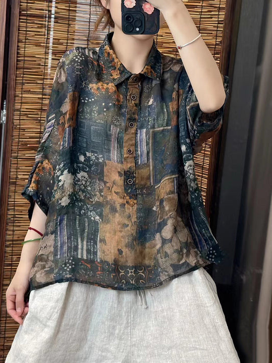 Women Summer Artsy Spliced Button-up Ramie Shirt OO1006 BUYKUD