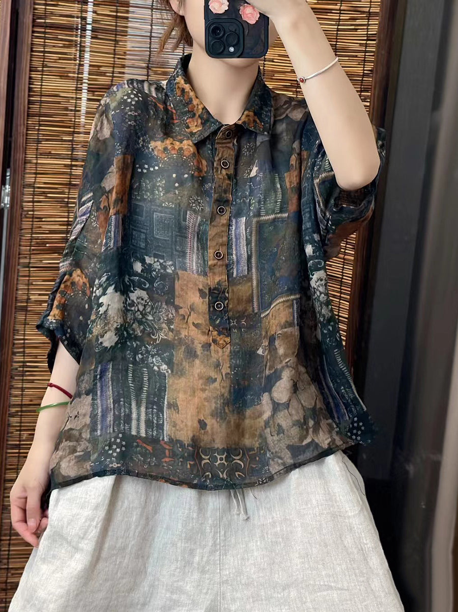 Women Summer Artsy Spliced Button-up Ramie Shirt OO1006 BUYKUD