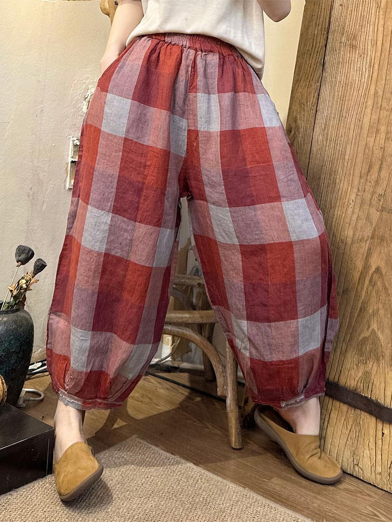 Women Summer Casual Plaid Linen Harem Pants OO1024 BUYKUD