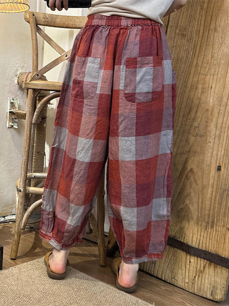 Women Summer Casual Plaid Linen Harem Pants OO1024 BUYKUD