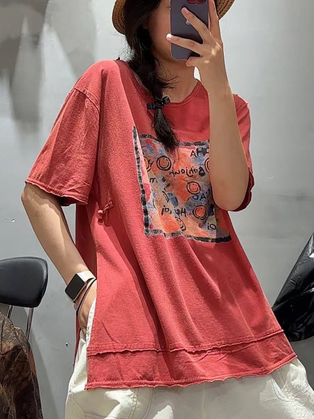 Women Casual Summer Print O-Neck Cotton Shirt OO1008 BUYKUD