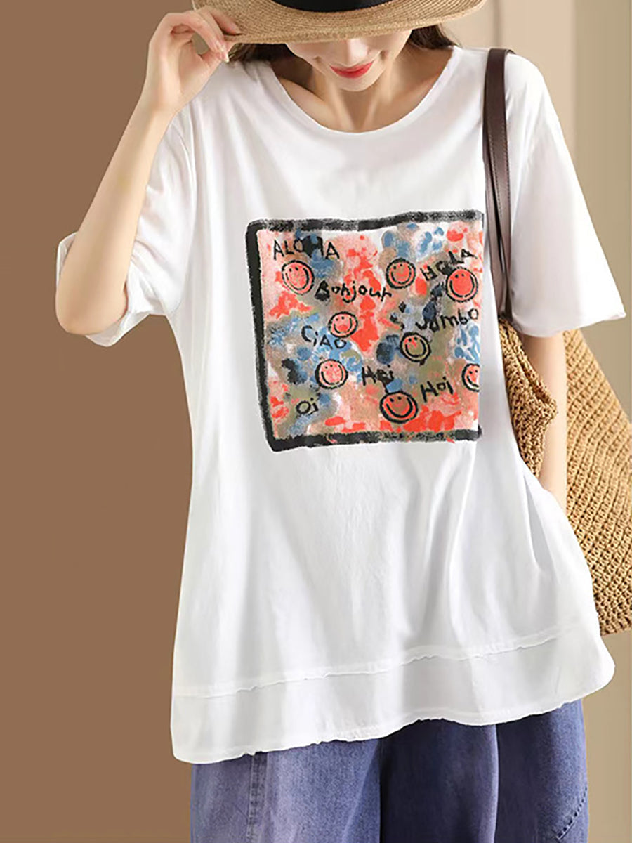 Women Casual Summer Print O-Neck Cotton Shirt OO1008 BUYKUD