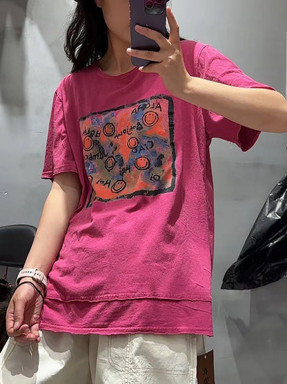 Women Casual Summer Print O-Neck Cotton Shirt OO1008 BUYKUD