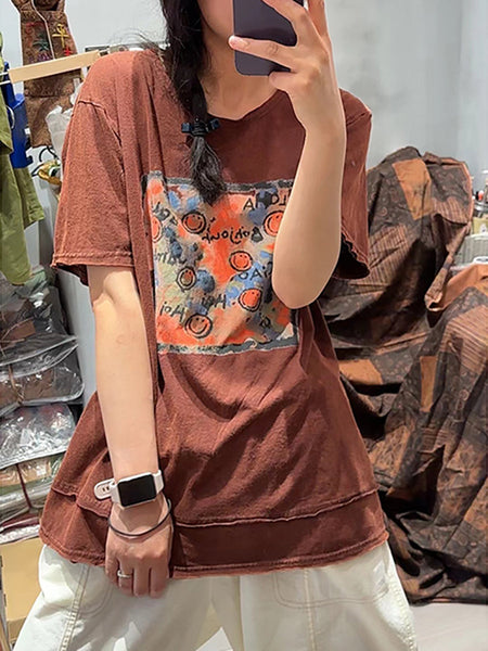 Women Casual Summer Print O-Neck Cotton Shirt OO1008 BUYKUD