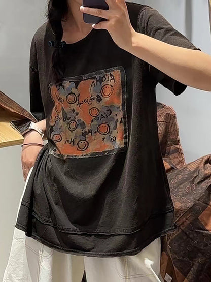 Women Casual Summer Print O-Neck Cotton Shirt OO1008 BUYKUD