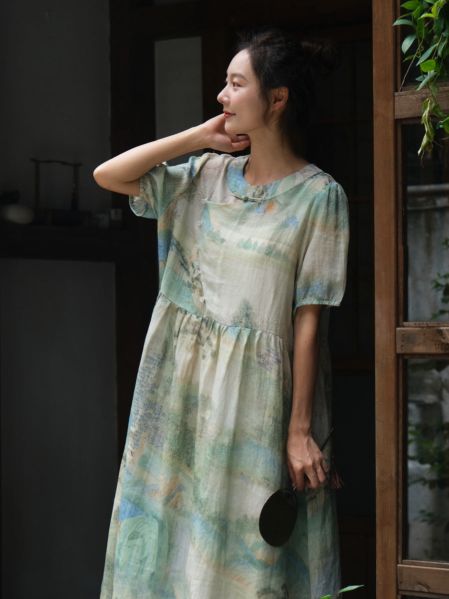 Women Summer Vintage Print Ramie Loose Dress OO1009 BUYKUD