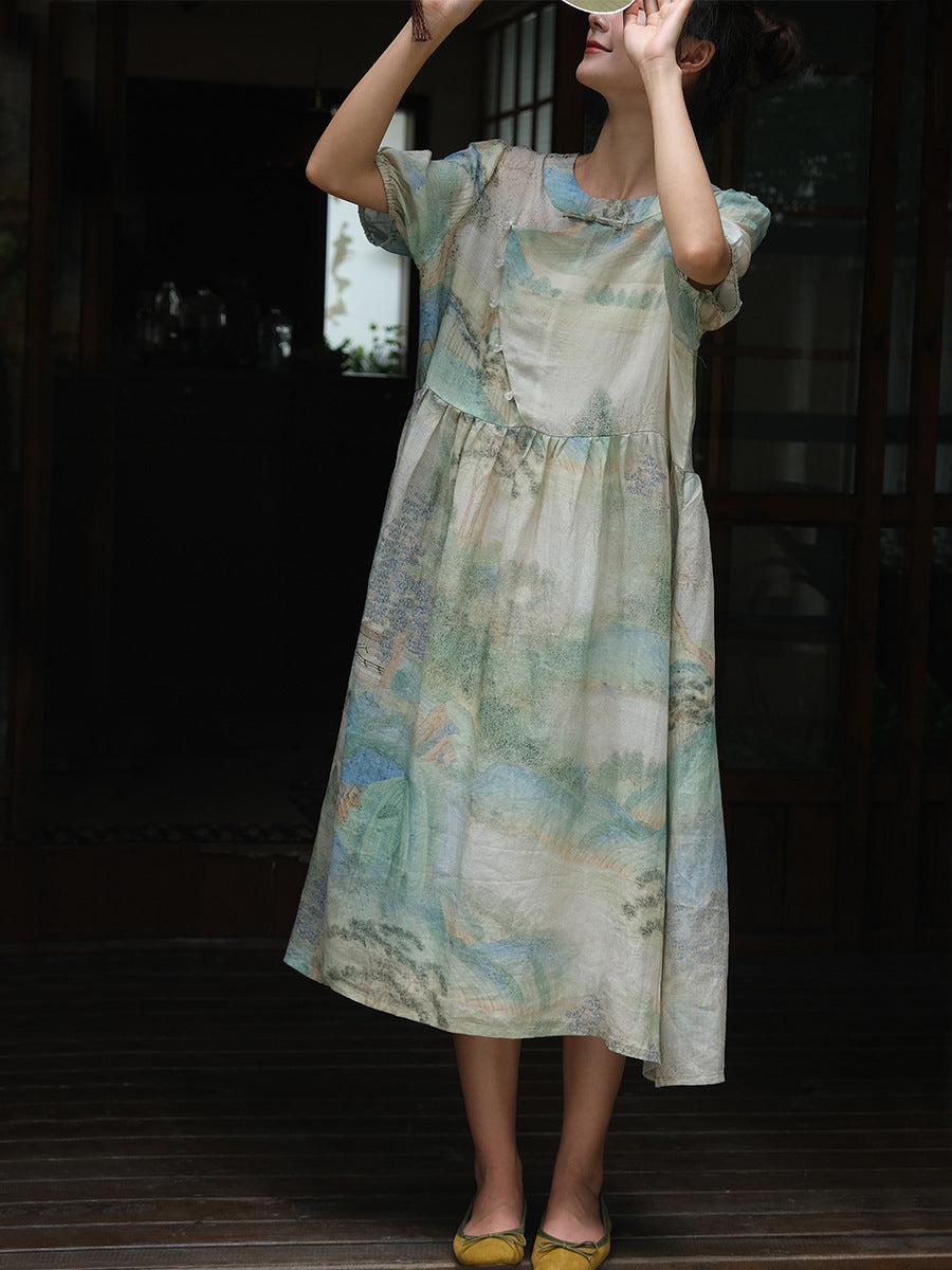 Women Summer Vintage Print Ramie Loose Dress OO1009 BUYKUD