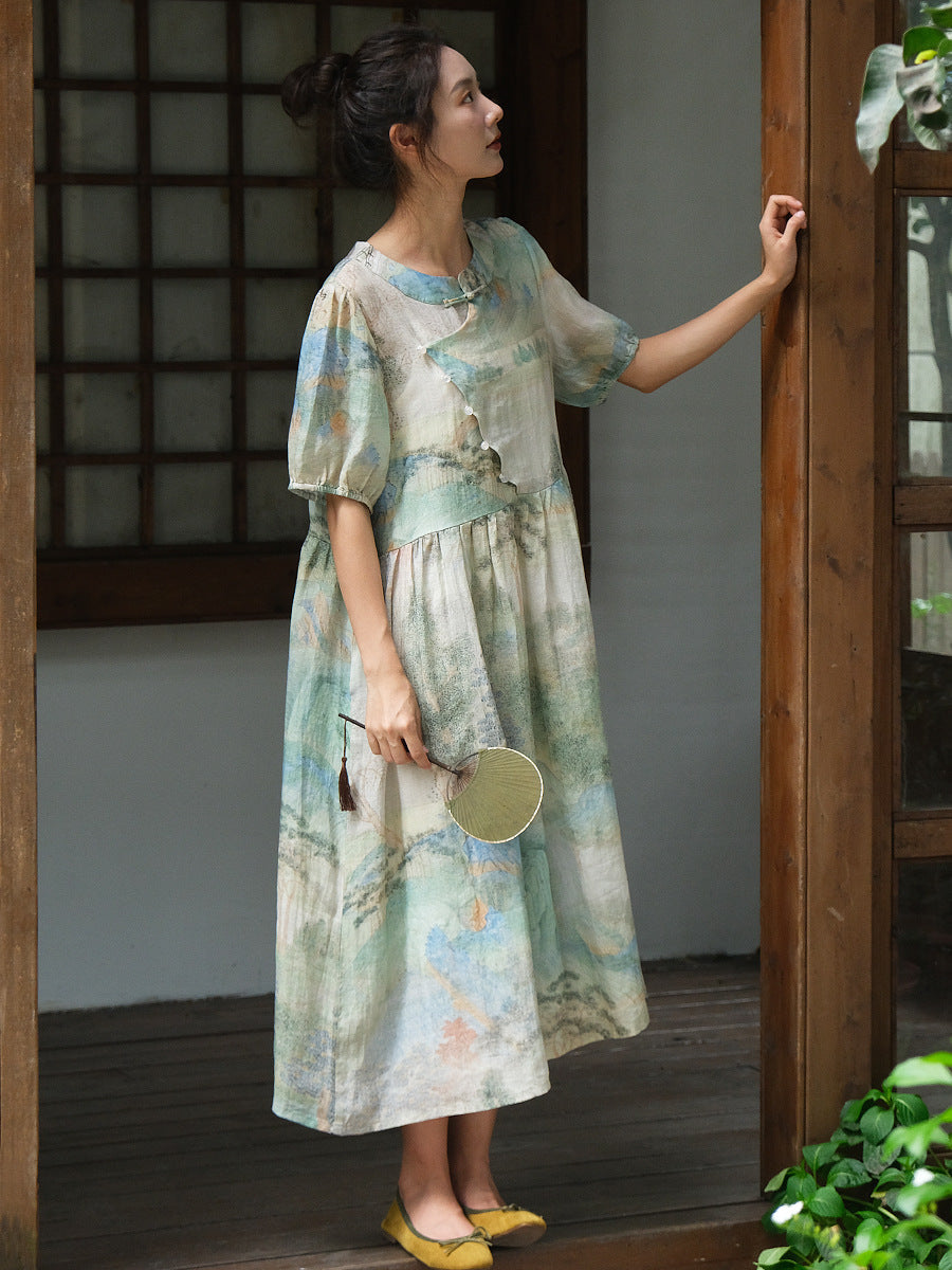 Women Summer Vintage Print Ramie Loose Dress OO1009 BUYKUD