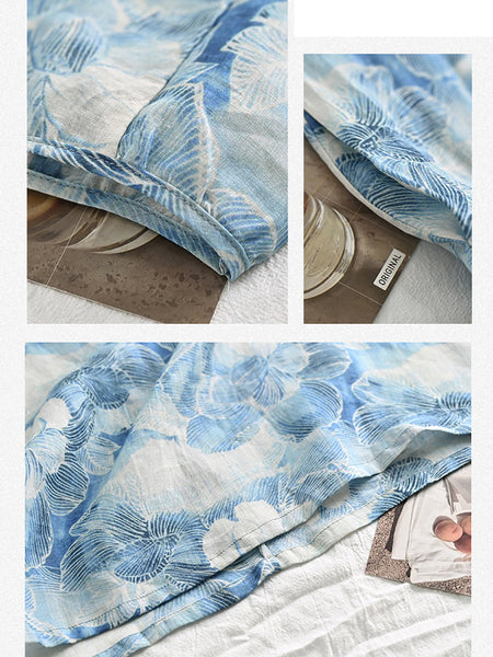 Women Summer Artsy Flower Print Loose Ramie Dress OO1025 QMCJ