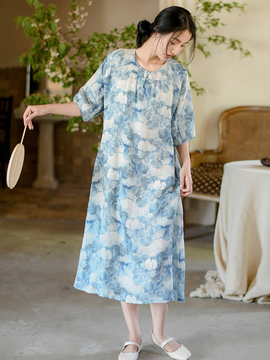 Women Summer Artsy Flower Print Loose Ramie Dress OO1025 QMCJ