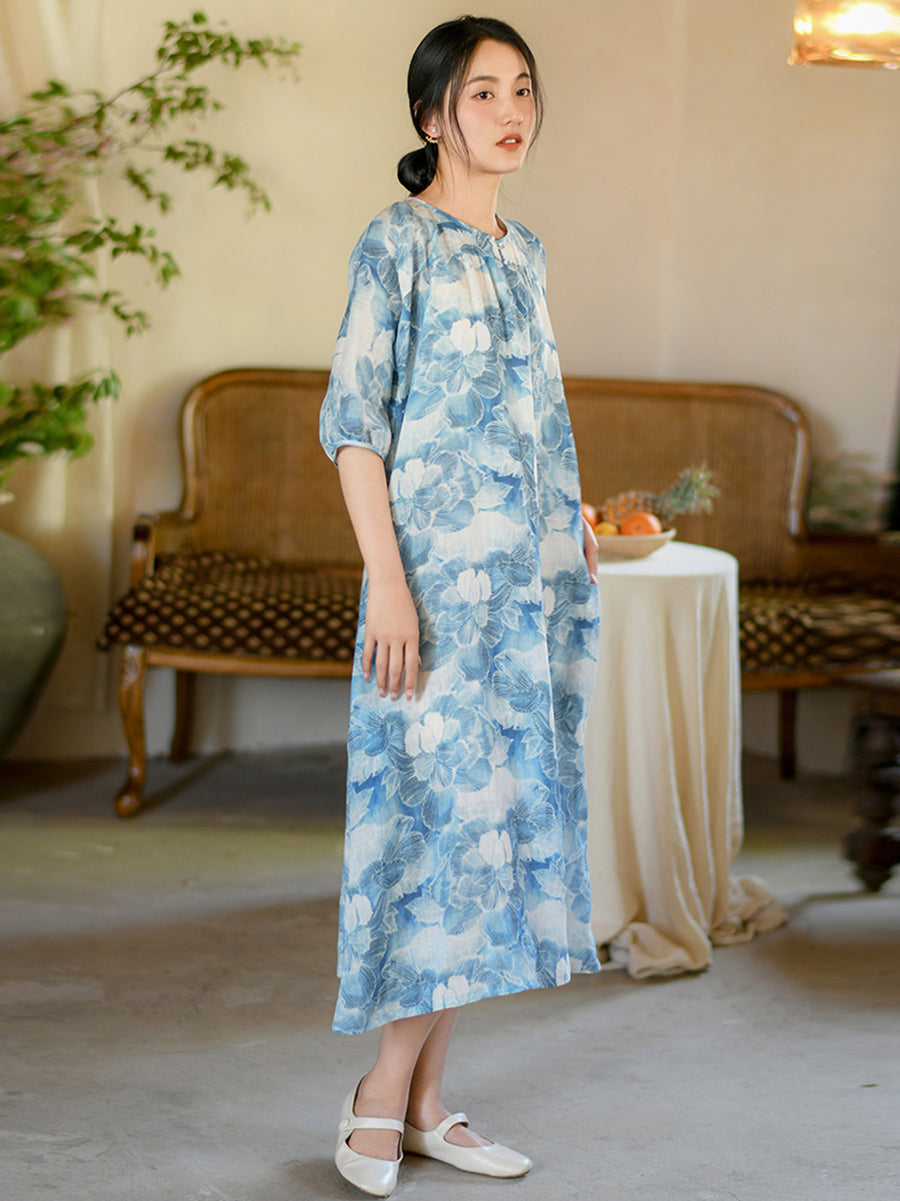 Women Summer Artsy Flower Print Loose Ramie Dress OO1025 QMCJ