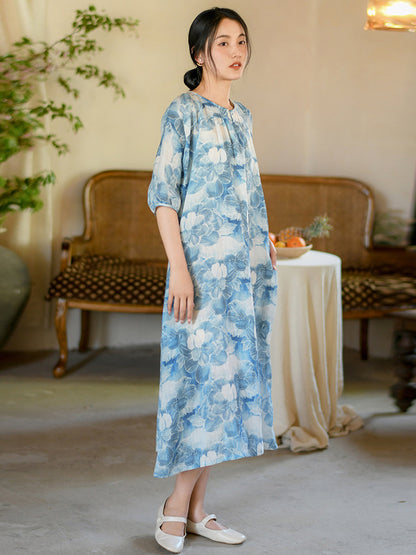 Women Summer Artsy Flower Print Loose Ramie Dress OO1025 QMCJ