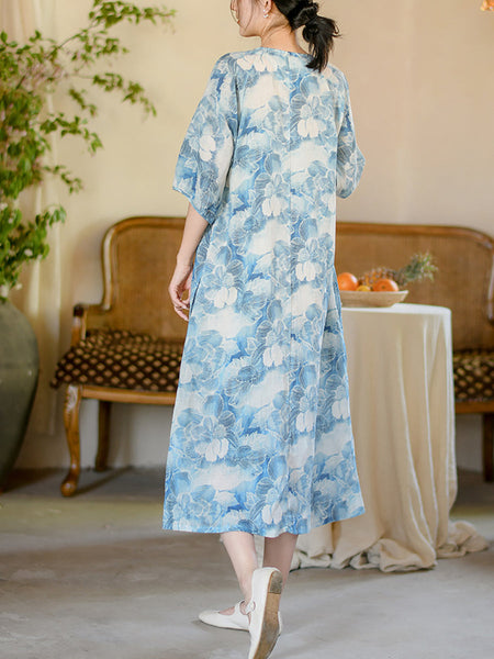 Women Summer Artsy Flower Print Loose Ramie Dress OO1025 QMCJ