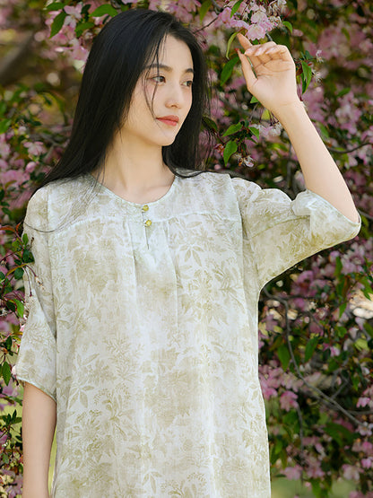 Women Summer Artsy Flower Print Loose Ramie Dress OO1025 QMCJ