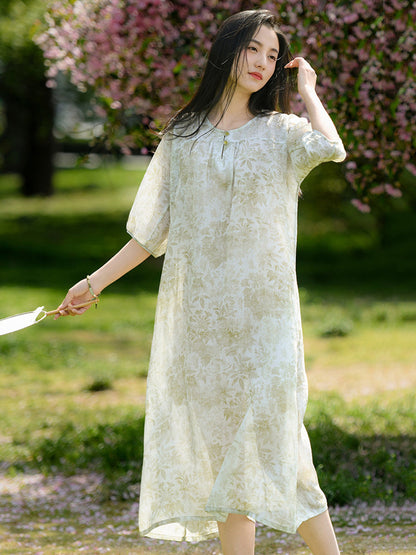 Women Summer Artsy Flower Print Loose Ramie Dress OO1025 QMCJ