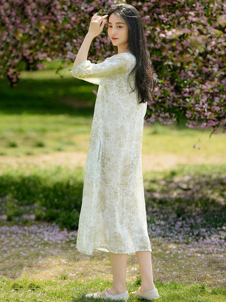 Women Summer Artsy Flower Print Loose Ramie Dress OO1025 QMCJ